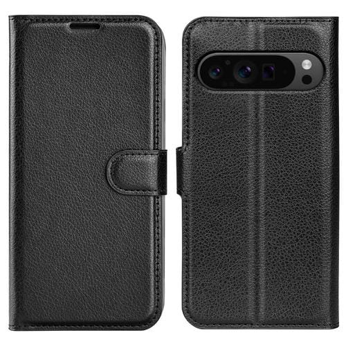 Funda de Cuero con Tapa Horizontal y Textura de Lichi para Google Pixel 9 Pro XL con Soporte (Negro)