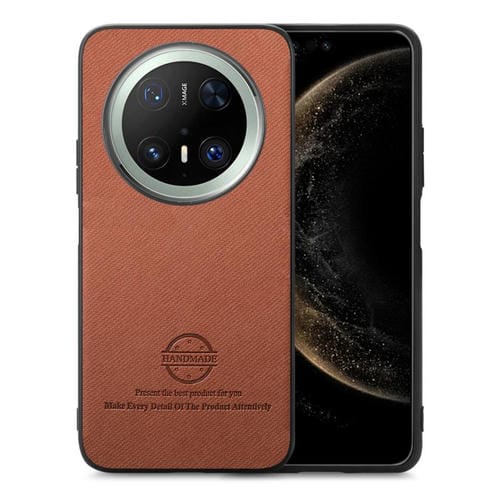 Funda para Teléfono Huawei Mate 70 Pro con Parte Trasera de Piel y Tejido de Sarga (Marrón)