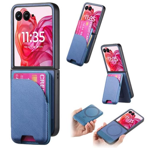Funda Magnética Motorola Razr 50 Ultra de Tela Sarga y Cuero con Tarjetero (Azul)