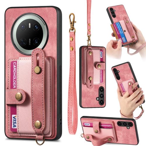 Funda de Cuero Tipo Cartera para Huawei Mate 70 con Diseño Retro y Pulsera Cruzada (Rosa)
