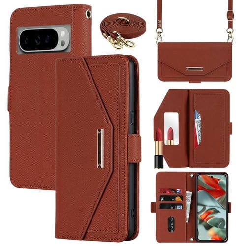 Funda de Cuero con Textura Cruzada y Cordón para Google Pixel 9/9 Pro (Marrón)