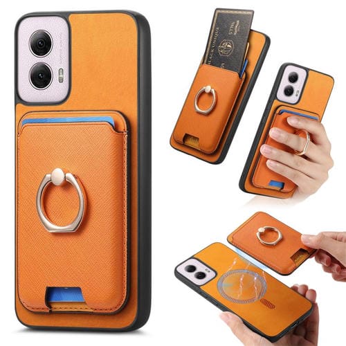 Funda para Motorola Moto G35 con Ranuras para Tarjetas y Anillo de Cuero (Amarillo)