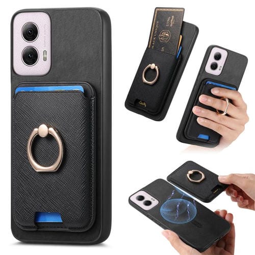 Funda para Motorola Moto G Play 4G (2024) con Ranuras para Tarjetas y Anillo de Cuero (Negro)