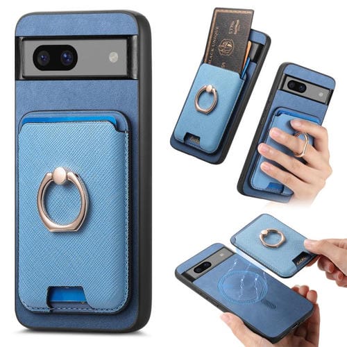 Funda para Google Pixel 7A con Ranuras para Tarjetas y Anillo de Cuero Diseño Retro (Azul)