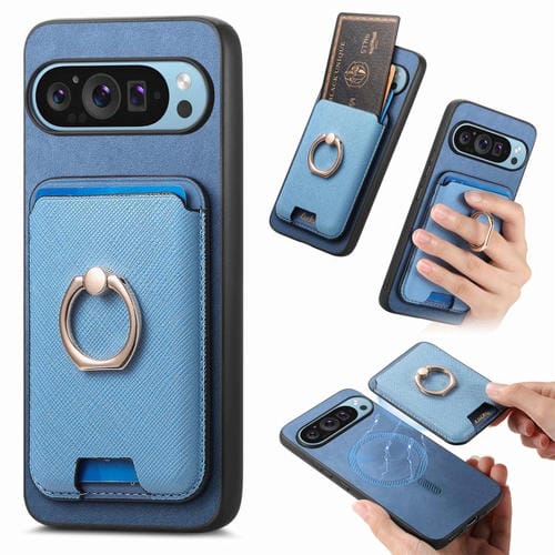 Funda para Google Pixel 9/9 Pro con Anillo de Cuero Retro, Inserto Vertical para Tarjetas, Magsafe (Azul)