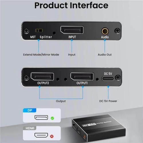 Extractor de Audio FD 1X2 4K 144Hz Divisor DisplayPort 1.4 Concentrador MST Doble DisplayPort Enchufe UE