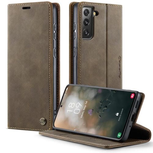 Funda CaseMe 033 para Samsung Galaxy S21 5G, forro de piel de becerro, microfibra, con bloqueo RFID (café)