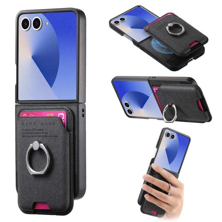 Funda magnética con anillo para Samsung Galaxy Z Flip7 5G, de tela sarga, color negro