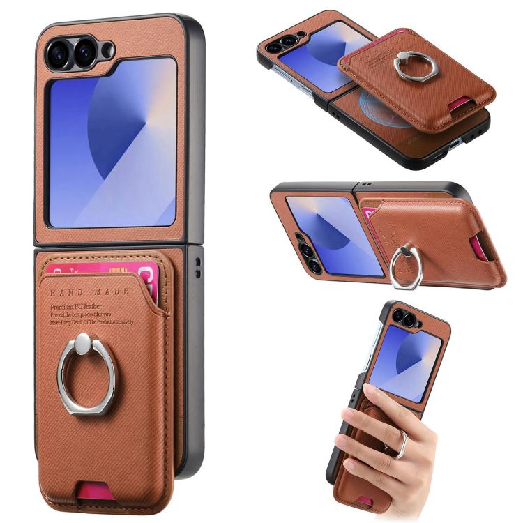 Funda de tela sarga con anillo magnético para Samsung Galaxy Z Flip5 5G (marrón)