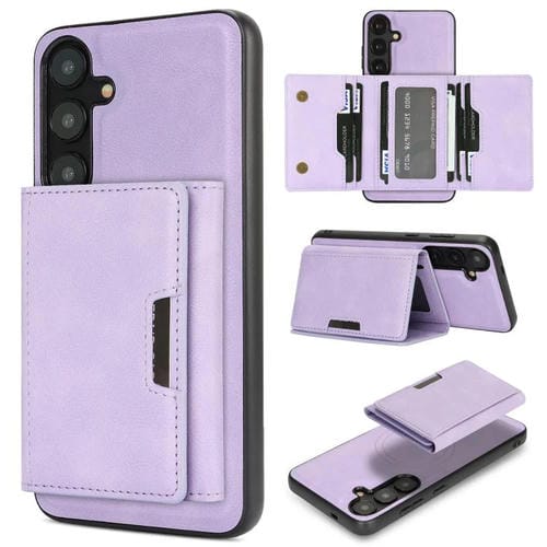 Funda de cuero plegable triple Kalebol con imán fuerte MagSafe para Samsung Galaxy S25 5G (morado)