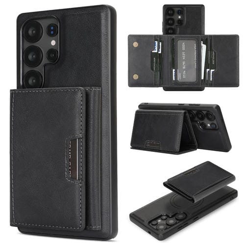 Funda de cuero plegable triple con imán fuerte MagSafe para Samsung Galaxy S25 Ultra 5G (negro)