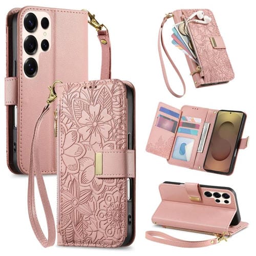 Funda de cuero con cremallera y correa para Samsung Galaxy S25 Ultra 5G, diseño de flores y hojas (rosa)