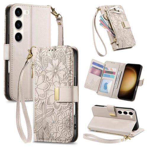 Funda de cuero con cremallera y correa para Samsung Galaxy S23+ 5G, diseño de flores y hojas (caqui)