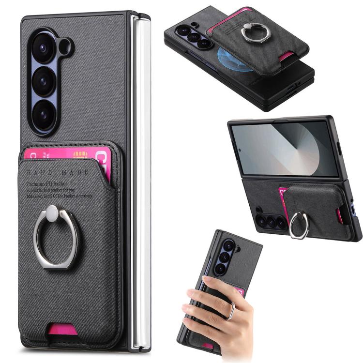 Funda magnética con anillo para Samsung Galaxy Z Fold5 5G, de tela sarga, color negro