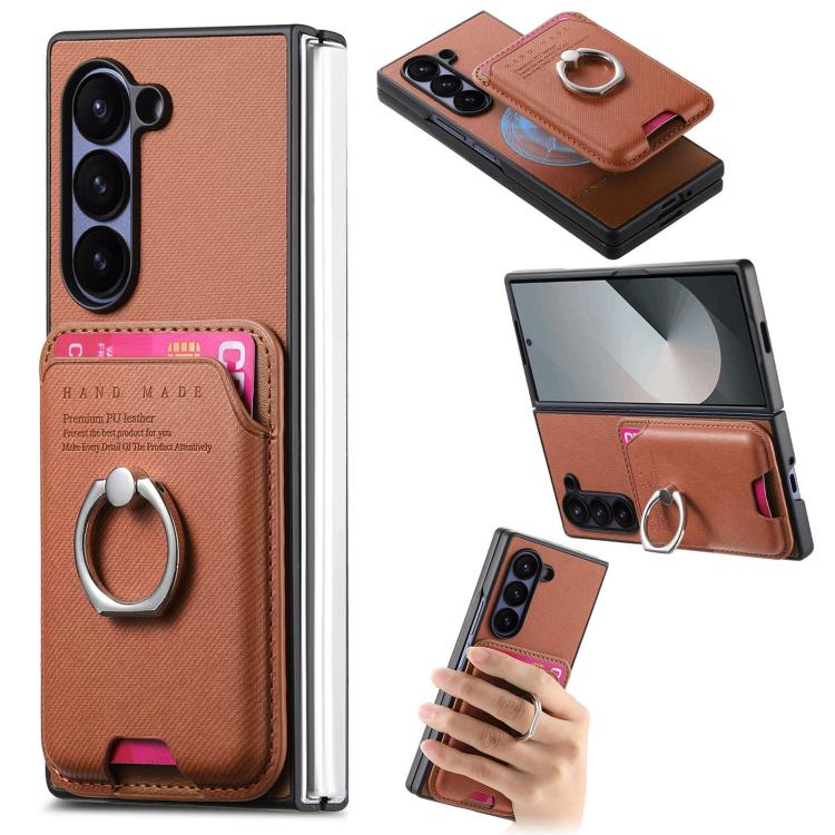 Funda de tela sarga con anillo magnético para Samsung Galaxy Z Fold5 5G (marrón)