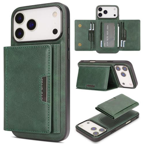 Funda de cuero plegable triple Kalebol con imán fuerte MagSafe para iPhone 17 Pro Max (verde)
