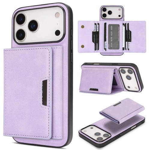 Funda de cuero plegable triple Kalebol con imán fuerte MagSafe para iPhone 17 Pro Max (morado)