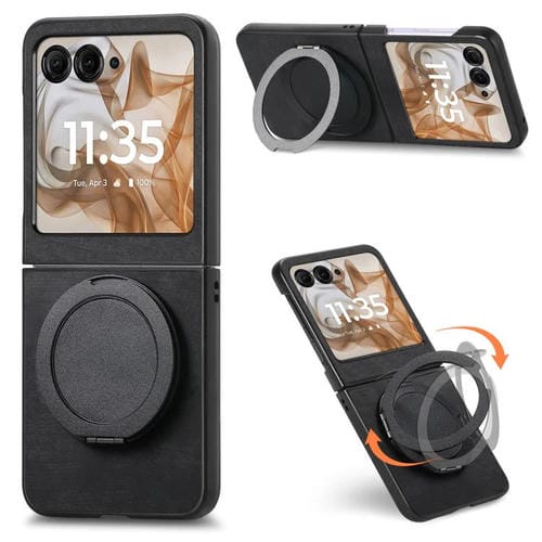 Funda de cuero retro con soporte giratorio para Motorola Moto Razr 50 (negra)