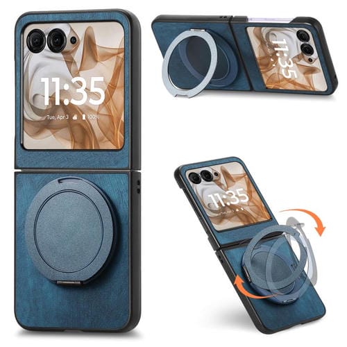 Funda de cuero retro con soporte giratorio redondo para Motorola Moto Razr 50 (azul)
