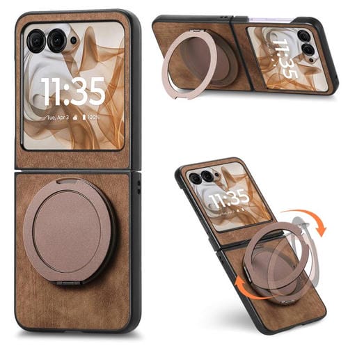 Funda de cuero retro con soporte giratorio redondo para Motorola Moto Razr 60 (marrón)