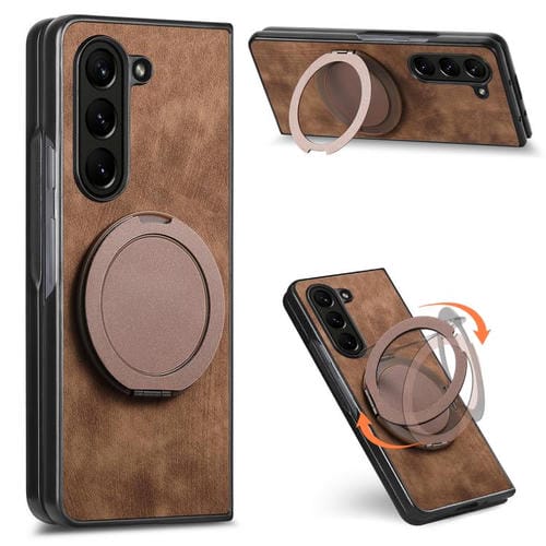 Funda de cuero retro con soporte giratorio redondo para Samsung Galaxy Z Fold5 (marrón)