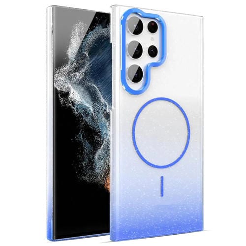 Funda MagSafe a prueba de golpes para Samsung Galaxy S22 Ultra 5G con purpurina dorada y degradado (azul)