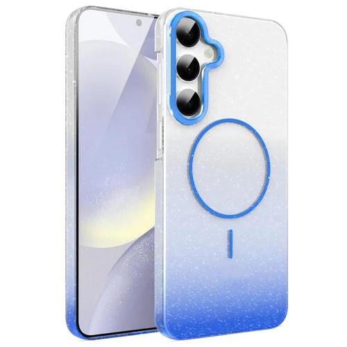 Funda MagSafe a prueba de golpes para Samsung Galaxy S24+ 5G con purpurina dorada y degradado (azul)