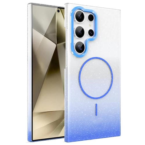 Funda MagSafe a prueba de golpes para Samsung Galaxy S24 Ultra 5G con purpurina dorada y degradado (azul)