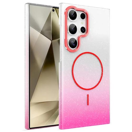 Funda MagSafe a prueba de golpes para Samsung Galaxy S24 Ultra 5G con purpurina dorada y degradado (rojo)