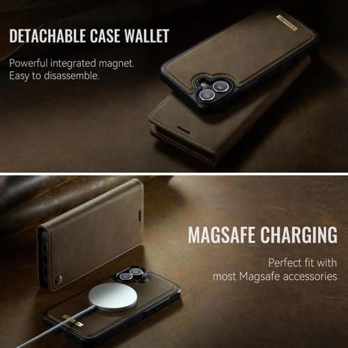 Funda de cuero desmontable CaseMe C49 con bloqueo RFID MagSafe para iPhone 16 Plus (café)