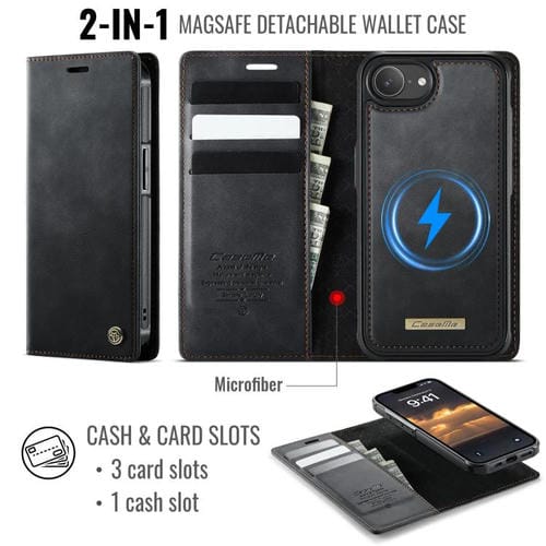 Funda de cuero desmontable CaseMe C49 con bloqueo RFID MagSafe para iPhone 16e (negra)