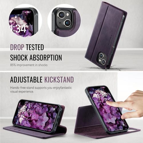 Funda de cuero desmontable CaseMe C49 con bloqueo RFID MagSafe para iPhone 15 (morado)