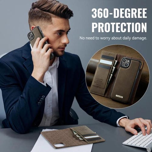 Funda de cuero desmontable CaseMe C49 con bloqueo RFID MagSafe para iPhone 14 (café)