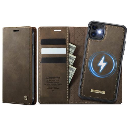 Funda de cuero desmontable CaseMe C49 con bloqueo RFID MagSafe para iPhone 11 (café)