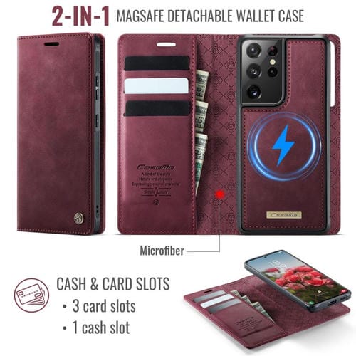Funda de cuero desmontable con bloqueo RFID magnético para Samsung Galaxy S21 Ultra 5G CaseMe C49 (roja)
