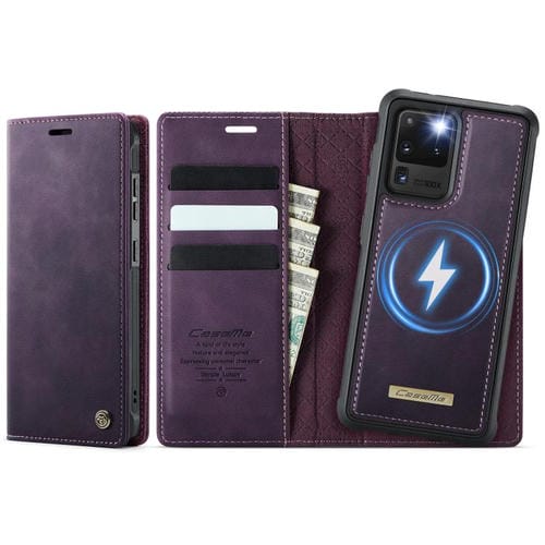 Funda de cuero desmontable con bloqueo RFID magnético CaseMe C49 para Samsung Galaxy S20 Ultra (morado)