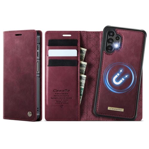 Funda de cuero desmontable CaseMe C49 con bloqueo RFID magnético para Samsung Galaxy A13/A04s (roja)