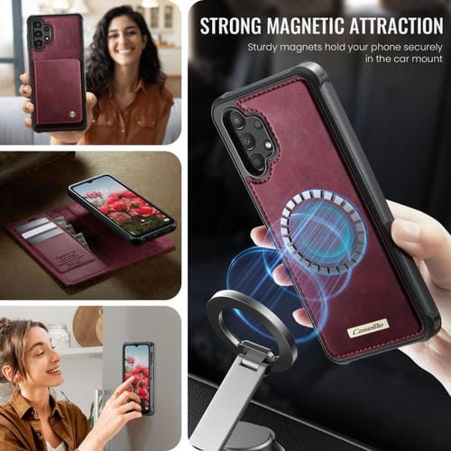 Funda de cuero desmontable CaseMe C49 con bloqueo RFID magnético para Samsung Galaxy A13/A04s (roja)