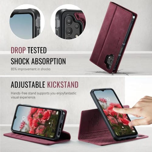 Funda de cuero desmontable CaseMe C49 con bloqueo RFID magnético para Samsung Galaxy A13/A04s (roja)