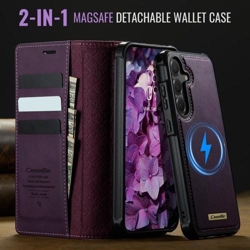 Funda de cuero desmontable con bloqueo RFID magnético para Samsung Galaxy S23 FE 5G CaseMe C49 (morado)