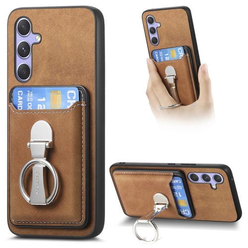 Funda retro plegable con anillo y tarjetero MagSafe para Samsung Galaxy A15 (marrón)