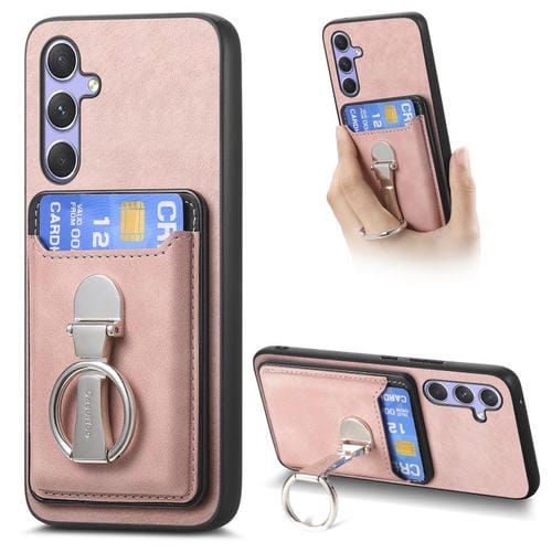 Funda retro plegable con anillo y tarjetero MagSafe para Samsung Galaxy A34 5G (rosa)