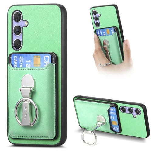 Funda retro plegable con anillo y tarjetero MagSafe para Samsung Galaxy A55 5G (verde)