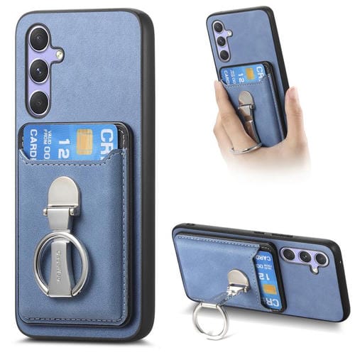Funda retro plegable con anillo y tarjetero MagSafe para Samsung Galaxy A55 5G (azul)