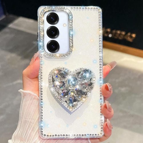 Funda para Samsung Galaxy S25+ 5G con diseño de corazón, piedras preciosas y brillo de diamantes (blanca)