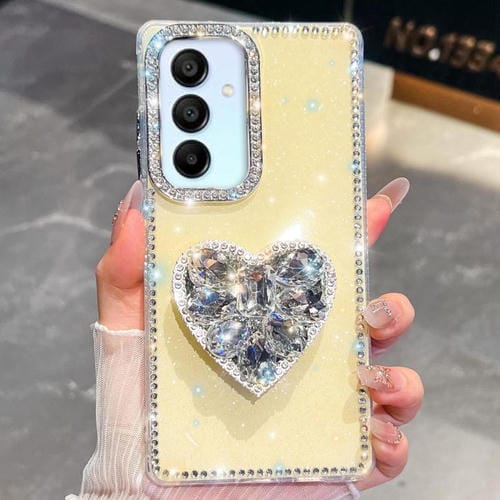 Funda para Samsung Galaxy A15 5G con diseño de corazón, piedras preciosas y brillantes (amarillo claro)