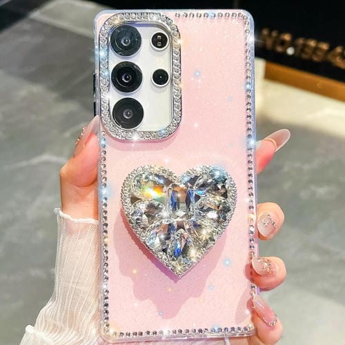 Funda para Samsung Galaxy S24 Ultra 5G con diseño de corazón, piedras preciosas y brillo de diamantes (rosa claro)