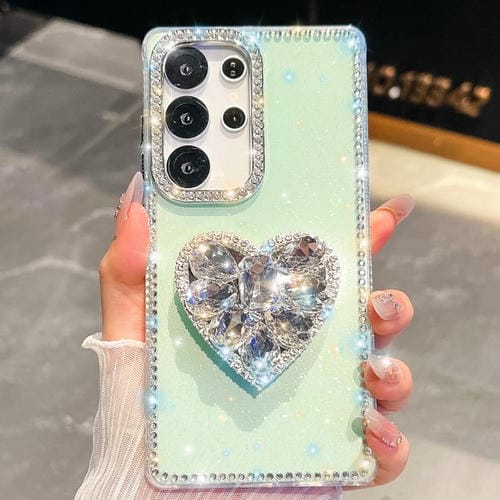 Funda para Samsung Galaxy S24 Ultra 5G con diseño de corazón, piedras preciosas y brillo de diamantes (verde claro)