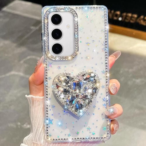 Funda para Samsung Galaxy S24+ 5G con purpurina de diamantes y piedras preciosas en forma de corazón (estrellas transparentes)