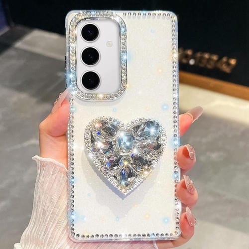 Funda para Samsung Galaxy S24 5G con diseño de corazón, piedras preciosas y brillo de diamantes (blanca)